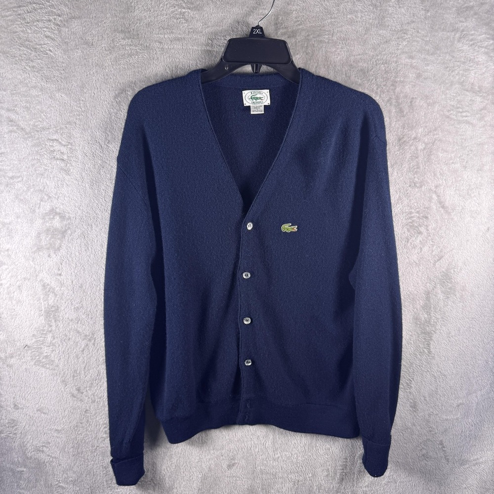 Vintage Izod Lacoste Cardigan Sweater Mens Large Blue V Neck Acrylic Knit USA